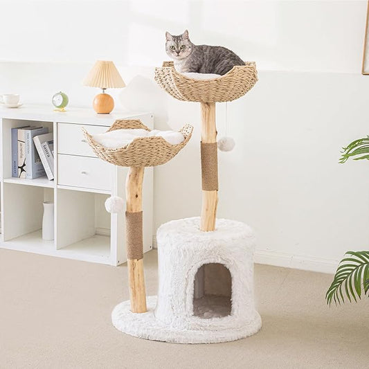 Modern Cat Tree for Indoor Cats Large Adult, 46.5" Tall Wooden Cat Tower for Large Cats with Scratching Post, Luxury Cat Condo, White