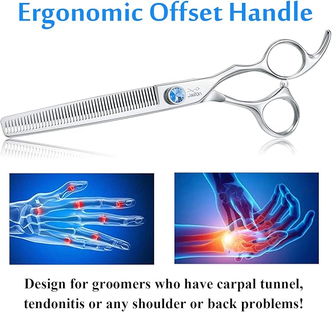 JASON 7" 50 Teeth Thinning Dog Grooming Blending Scissor, Ergonomic Pet Grooming Thinner Blender Shears Cat Trimming Texturizing Kit with Offset Handle and a Jewelled Screw 30% Thinning Rate Christmas