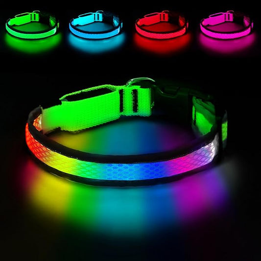 LED Dog Collar, Light Up Dog Collar USB Rechargeable, Nylon Adjustable Comfortable Soft Bright RGB 7 Colors Changing Safety Light Glowing Collar for Small and Medium Dogs(Small,Green)