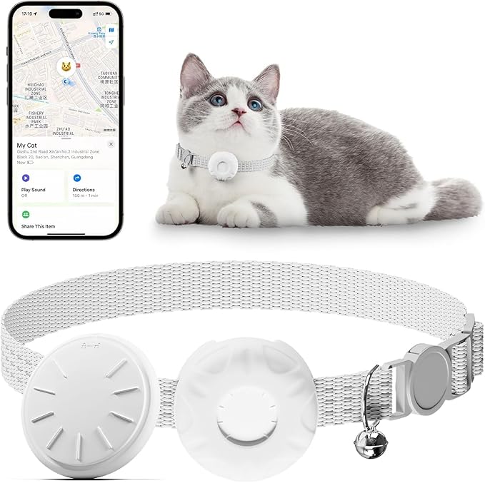 Cat Tracker,Pet Tracker for Cats Compatible with Apple Find My App(Only iOS),Waterproof Tracker Cat Collar with Safety Elastic Buckle,No Monthly Fee,Works with Any Collar (White)
