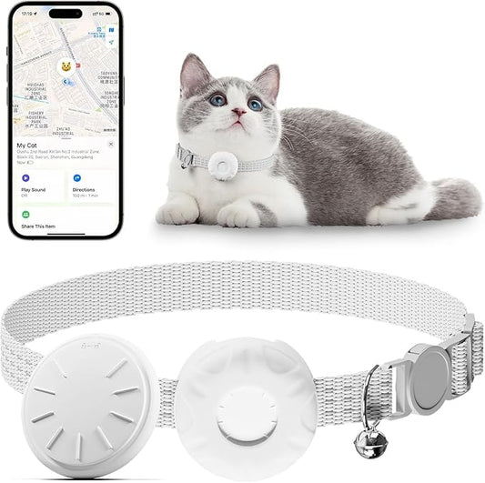 Cat Tracker,Pet Tracker for Cats Compatible with Apple Find My App(Only iOS),Waterproof Tracker Cat Collar with Safety Elastic Buckle,No Monthly Fee,Works with Any Collar (White)