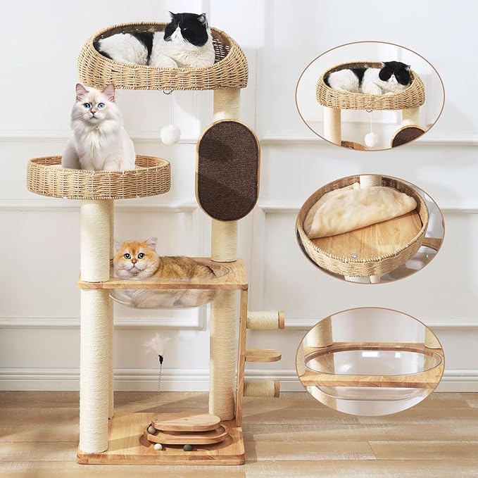Modern Cat Tree, Cat TreeTower with Space Capsule, Hand-Woven Basket Nest, Sisal Posts & Scratching Board, 50 Inch Heavy-Duty Multi-Level Indoor Wood Tower