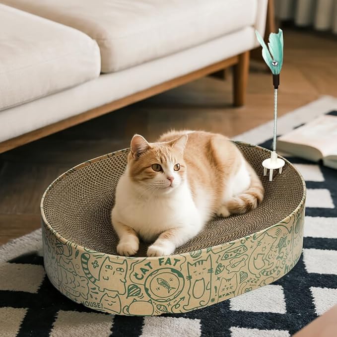 Cat Scratcher Cardboard 2in1 Oval Cat Scratcher Bed for Indoor Cats Cat Scratch Pad Bowl with Scratching Toy Corrugated Lounge Bed&Furniture Protector &Training Toy XL（Green）
