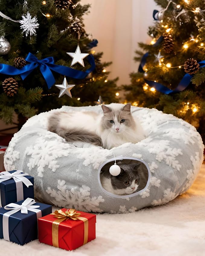 Grelife Cat Tunnel Bed for Indoor Cats, Large Cat Tunnel Christmas Tree Skirt, Cat Donut Tunnel Toys with Warm Plush, Non-Slip Base, Removable Cushion, Perfect for Cats, Kittens, Small Pets(33.4")