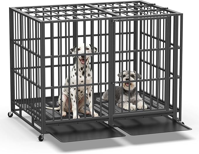 Heavy Duty Dog Crate 60 Inch, Indestructible Dog Crate with Removable Tray, Escape Proof & High Anxiety Dog Kennel Indoor, Metal Dog Cage with Wheels for Large Dogs, XL XXL XXXL