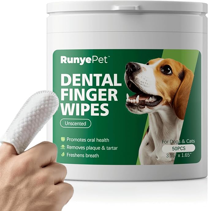 Pet Dental Finger Wipes for Dogs & Cats – Rinse-Free Oral Care, Helps Reduce Plaque & Tartar, Freshens Breath, Disposable Finger Wraps for Gentle Gum Cleaning, 50 Count