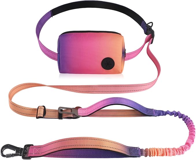 Roses&Poetry Hands Free Dog Leash with Zipper Pouch, 6-9ft Bungee Waist Leash for Medium Large Dogs Walking, Running Lead with Dual Padded Handles Car Safety Buckle for Training Jogging