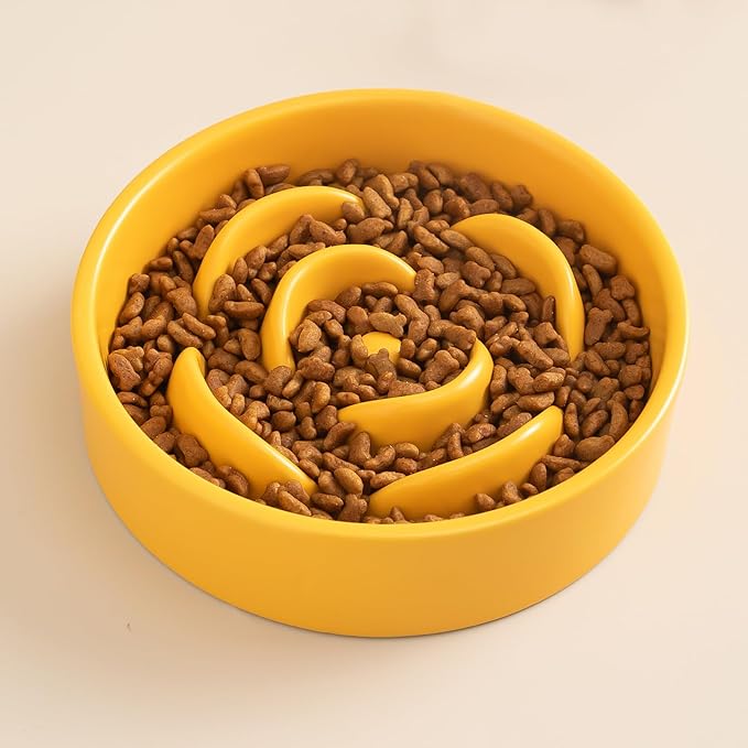 6'' Ceramic Slow Feeder Dog Bowls - Petal Shape Modern Dog Food Dish for Cats and Small Breed Dogs, Puzzle Maze Bowl to Slow Down Eating, Anti-Gulping, Dishwasher & Microwave Safe, Yellow