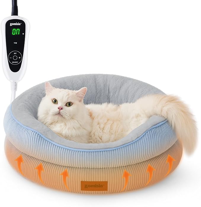 Heated Cat Bed Indoor - Adiustable Temperature Pet Heating Bed with Timer and Chew Resistant Cord, Washable Puppy Bed with Non-Slip Bottom, 21" x 21" x 8", Blue