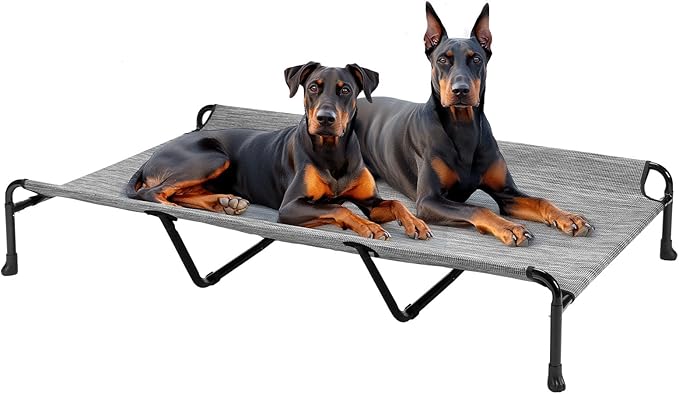 Veehoo Elevated Dog Bed, Raised Dog Cots for Large Dogs, Waterproof Outdoor Dogs Bed, Cooling Pet Hammock with Guardrail, Upgraded Non-Slip Feet, Breathable Teslin Mesh, Black Silver, 59x 37 inches