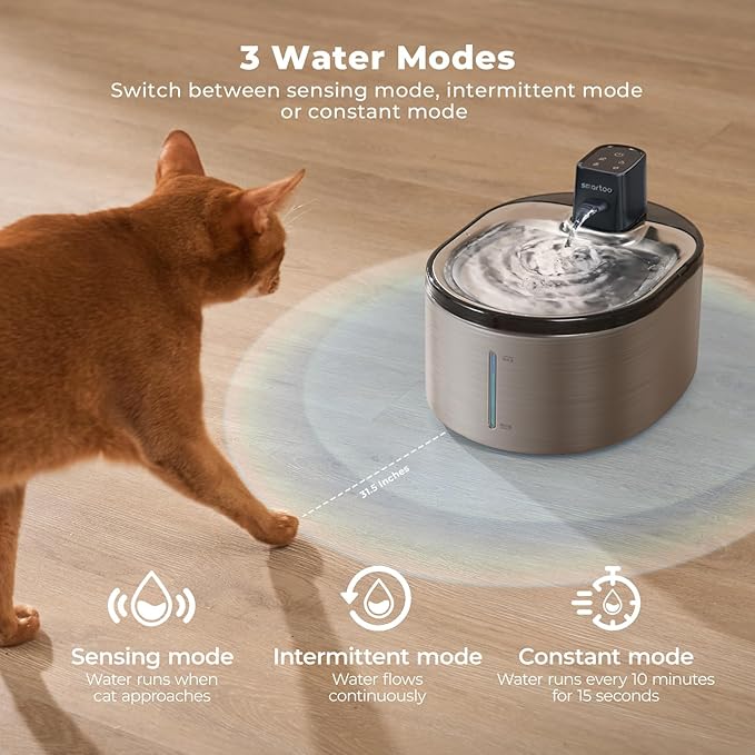 Wireless Cat Water Fountain Stainless Steel, 152oz/4.5L Cat Fountain Battery Operated, Cordless Pet Water Fountain for Cats & Dogs with Motion Sensor, Ultra Quiet Pump, 6 Filters