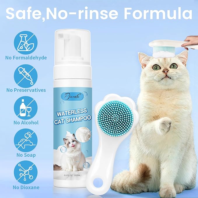 Waterless Cat Shampoo with Brush and Cloth, 6.8 FL OZ Cat Shampoo and Conditioner, Cat Dry Shampoo, No Rinse Formula for Quick Clean, Care for Cats and Kittens with Itching & Sensitive Skin