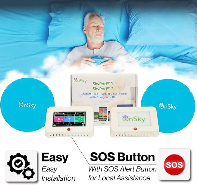 SkyPad FDA-Cleared Contact-Free Heart & Breathing & Sleep Apnea & Seizure Monitor, Adult & Children Home Health Care - Senior & Nursing Home - Remotely Monitor Wellness via app - Emergency Alert Call