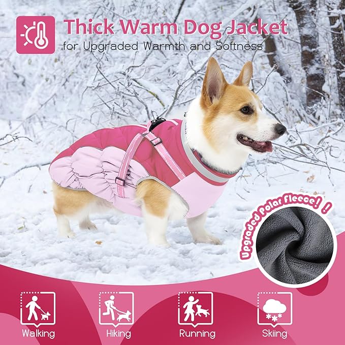 Dog Winter Coat with Harness, Dog Jacket, Pet Clothes with Zipper on Back, Waterproof Windproof Warm Vest, Reflective Cold Weather Coats, for Small Medium Large Dogs, Thick, Pink, 2XL