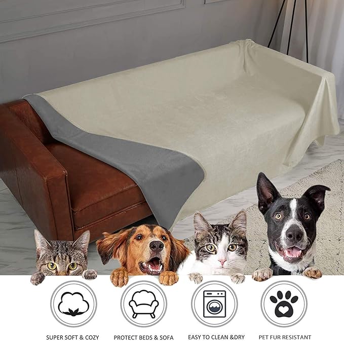 Ameritex Pet Bed Blanket Reversible 100% Waterproof Velvet Super Soft for Sofa and Bed (68x82 Inches, Cream+Grey)