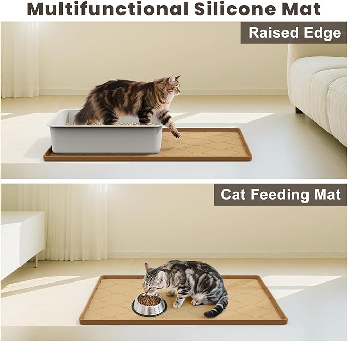 Cat Litter Mat, 28" X 22" Silicone Litter Box Mat, Cat Litter Trapping Mat for Indoor Use, Easy Clean for Scatter Control, Soft on Kitty Paws, Waterproof & Urine Proof, Brown