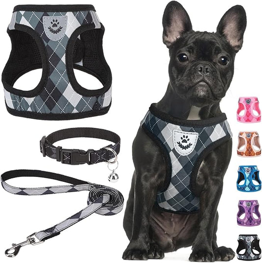 SCENEREAL Small Dog Harness and Leash Collar Set, Step in No Pull Soft Mesh Dog Harnesses for Small Medium Sized Dogs Puppy and Cats Outdoor Walking, No Chock Reflective Vest Harness, Black Plaid M