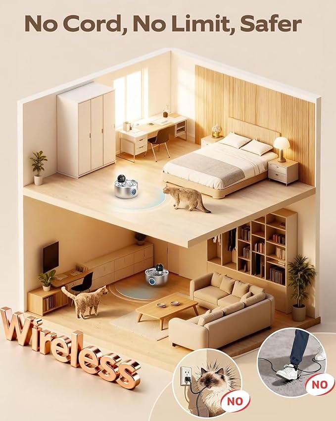 Wireless Cat Water Fountain Cordless: Stainless Steel Cat Fountains for Drinking - 88oz/2.6L Battery Operated Pet Water Fountain Indoor with Motion Sensor - Rechargeable Automatic Water Dispenser