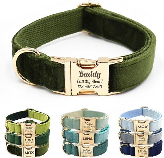 Velvet Personalized Dog Collar with Name - Customizable Dog Collar with Quick Release Metal Buckle - Leash and Bow Tie Available (Olive Green, XL)