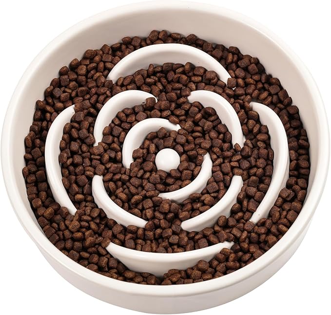 White Ceramic Slow Feeder Dog Bowl for Medium and Large Breeds,1.5 Cup 8.26 in Slow Feeding Bowl,Puzzle Dog Food Bowl for Fast Eater,Maze Dish for Fast Eater