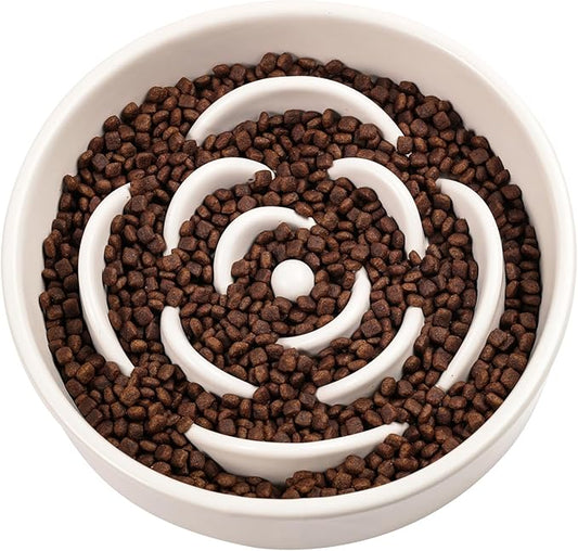 White Ceramic Slow Feeder Dog Bowl for Medium and Large Breeds,1.5 Cup 8.26 in Slow Feeding Bowl,Puzzle Dog Food Bowl for Fast Eater,Maze Dish for Fast Eater