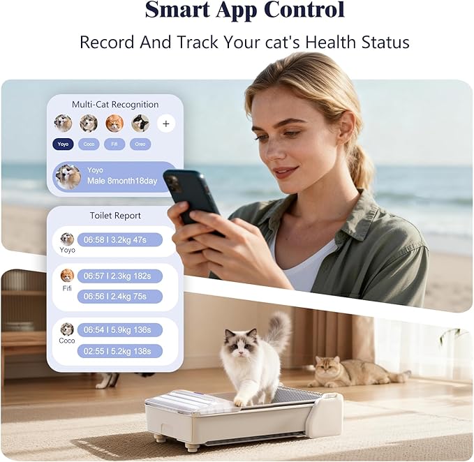 Self Cleaning Cat Litter Box - Fully Open Automatic Litter Box with Roomy Space+Vis Waste Bin, APP for Mutil Cats, Weight Sensors Anti Pinch Safety, Inlude 5Lb Compatible Cassva Litter