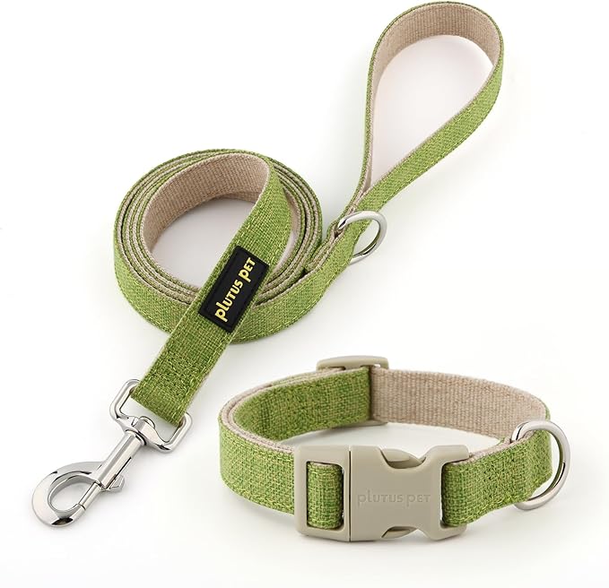 Plutus Pet Cotton Hemp Dog Collar and Leash Set, Adjustable Collar for Small, Medium, and Large Dogs, Heavy Duty and Soft on Skin, Green, S