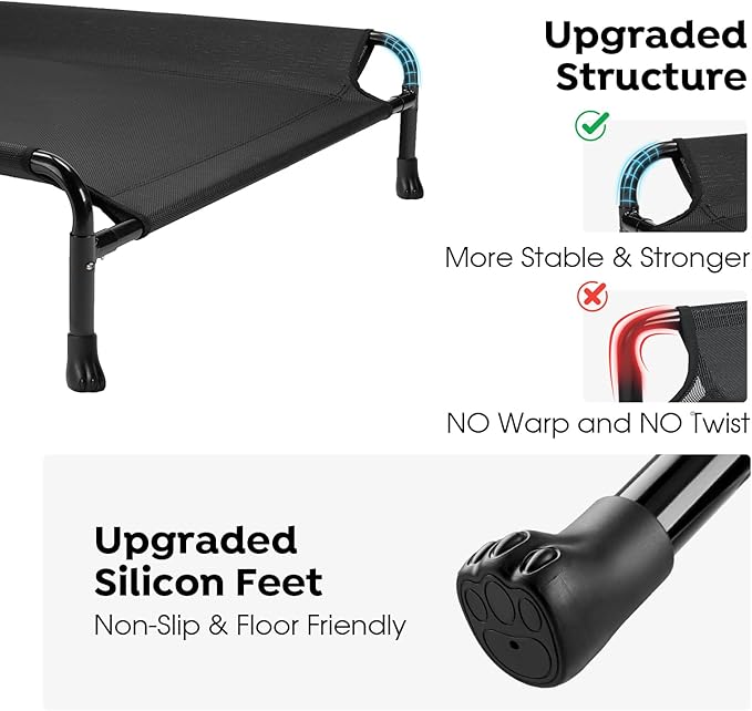 Veehoo Elevated Dog Bed, Raised Dog Cots for Large Dogs, Waterproof Outdoor Dogs Bed, Cooling Pet Hammock with Guardrail, Upgraded Non-Slip Feet, Breathable Teslin Mesh, Black, 47x 29 inches