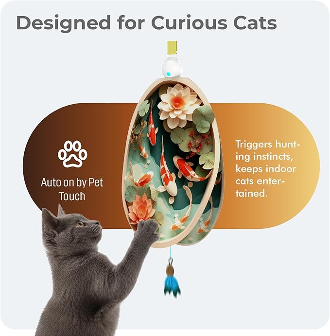 Interactive Cat Toys for Indoor Cats, Automatic Concealed Hide and Seek Hanging Feather Cat Toy, Rechargeable Motion-Activated Enrichment Toys for Bored Adult Cats (Fish Pond Pattern