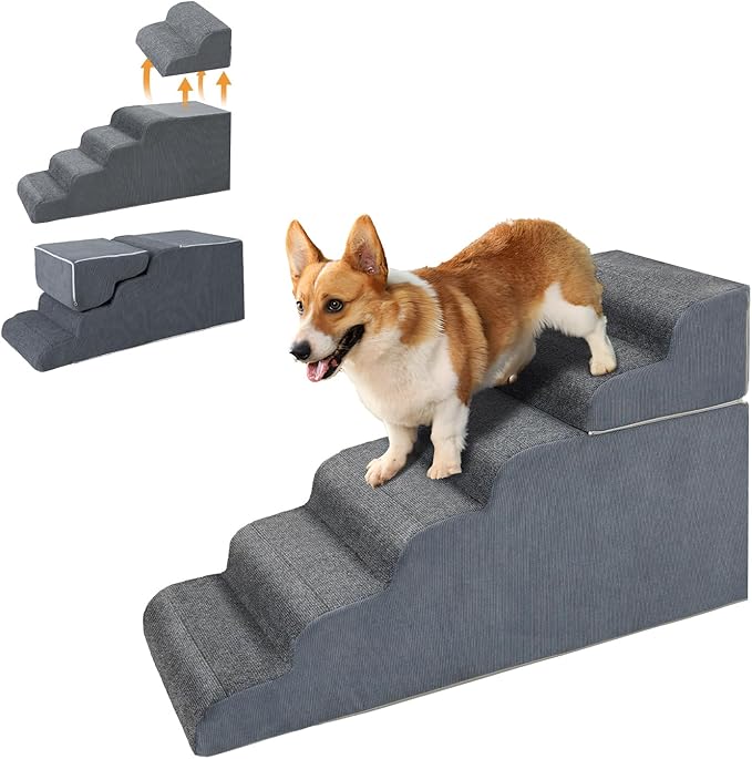 6-Steps Dog Stairs for High Bed and Couch, Wider Pet Stairs for Small Old Large Dogs Cats,30°Steady Non-Slip Dog Steps, Washable Dog Ramp with Removable Cover, PE Boards