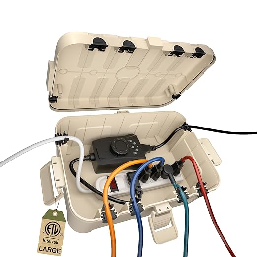 Flemoon Outdoor Electrical Box Waterproof, IP54 Waterproof Extension Cord Cover, Protect Outlet, Plug, Socket, Timer, Power Strip, Holiday Light, Large Weatherproof Connection Box, Almond