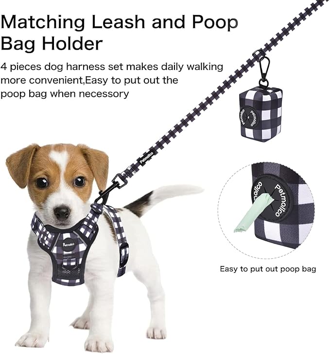 Petmolico No Pull Dog Harness Set with Leash Attachment Easy Control Handle Reflective Harness Vest Small Breed, Puppy Vest and Leash Set with Poop Bag Holder, Small - Plaid
