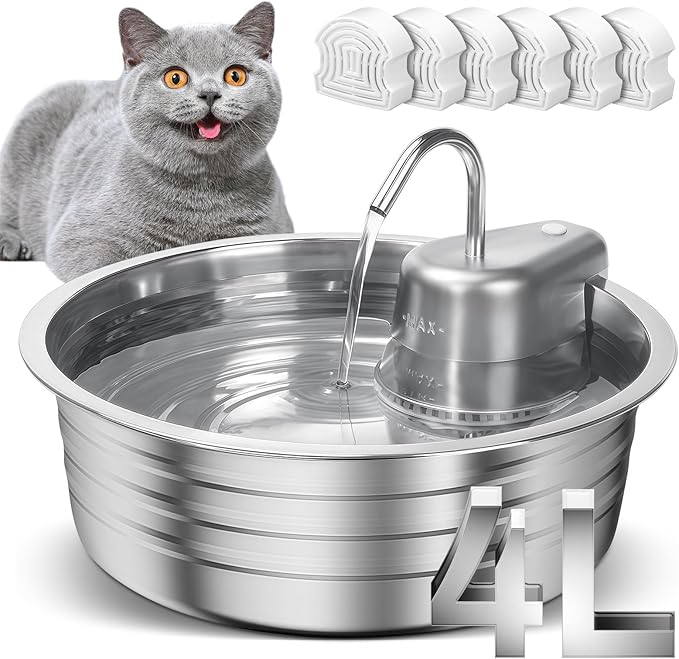 Cat Water Fountain, 4L/135OZ Stainless Steel Pet Fountain with 6 Filters Dog Water Dispenser, Dog Water Bowl Cat Drinking Fountains Watering Supplies with Ultra-Quiet Pump for Pets Indoor