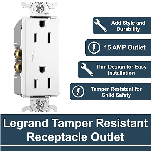 Legrand radiant 885TRWCC12 15 Amp Tamper Resistant Decorator Duplex Outlet, Side Wire or Push Wire, White (1 Count)