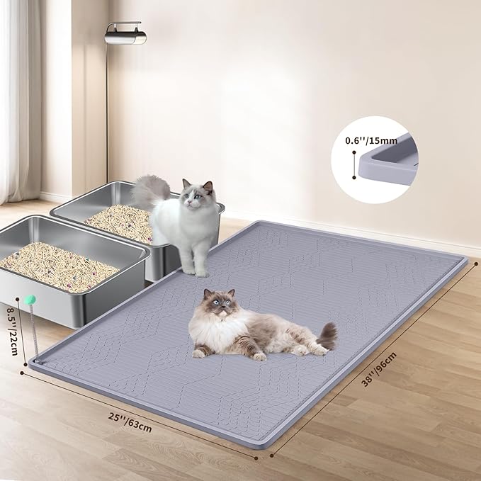 Large Cat Litter Mat with Toy Ball, 38'' x 25'' Silicone Cat Litter Trapping Mat for Scatter Control, Soft on Kitty Paws, Easy to Clean (Light Grey)