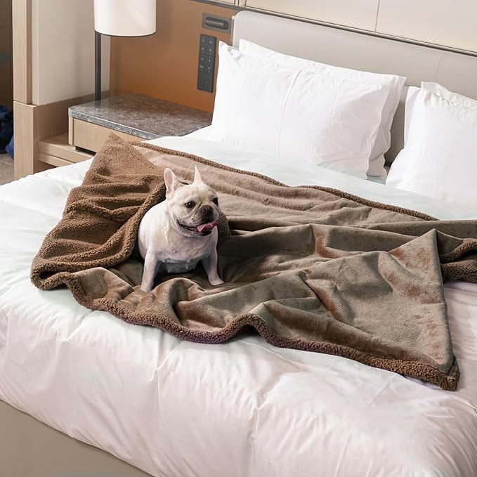 Waterproof Pet Blanket for Dog 57x65in Big Sherpa Fleece Blankets for Couch Puppy Fluffy Brown Blankets Leakproof Sofa Bed Love Reversible Cover -Camel,L-57x65in