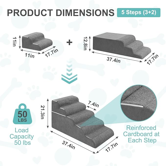 5-Step Dog Stairs for High Bed - 21.3" Adjustable Dog Ramps for Couch, Non-Slip Sturdy Pet Steps for Small Dogs, Washable Cover, Removable Modular Design, Dual 11” & 12.83” Steps for Custom Height
