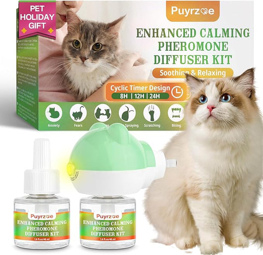 Cat Calming Diffuser with Timing Function, 3-in-1 Cat Pheromones Calming Diffuser Kit, 60-Day Anxiety Relief, Stress Relaxation Cat Pheromone Diffuser for All Cats (1 Diffuser + 2 Refills)