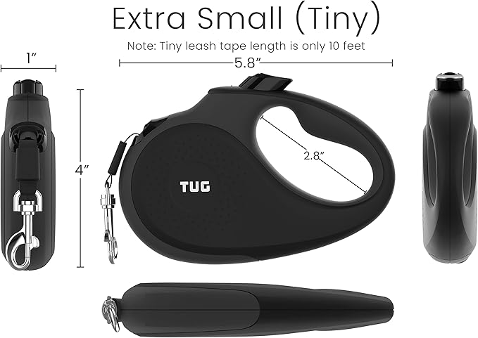 TUG Tiny 360° Tangle-Free Retractable Dog Leash with Anti-Slip Handle | 10 ft Nylon Tape | One-Handed Brake, Pause, Lock (Black/Grey)