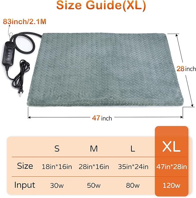 GASUR Extra Large Heated Cat Bed for Large Dogs, Waterproof Cat Heating Pad with Timer Temperature Adjustable, Indoor Electric Pet Heated Pad for Cats Dogs, Anti-bite Dog Heated Pad, 47''x28'', XLarge