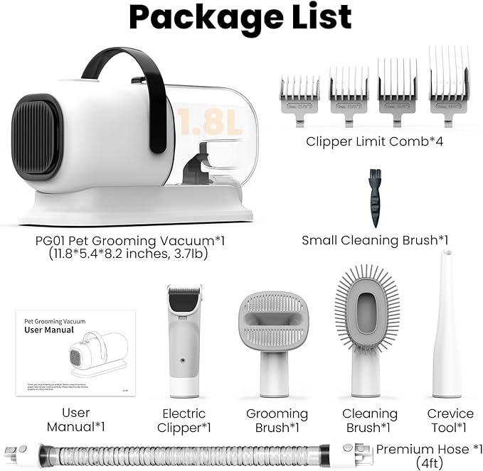 Dog Grooming Vacuum, All-in-One Pet Grooming Kit with Hair Clipper & Shedding Brush, Low Noise 12,000Pa Dog Hair Remover Vacuum, Pet Groomer Set with Cleaning Brushes, PG01