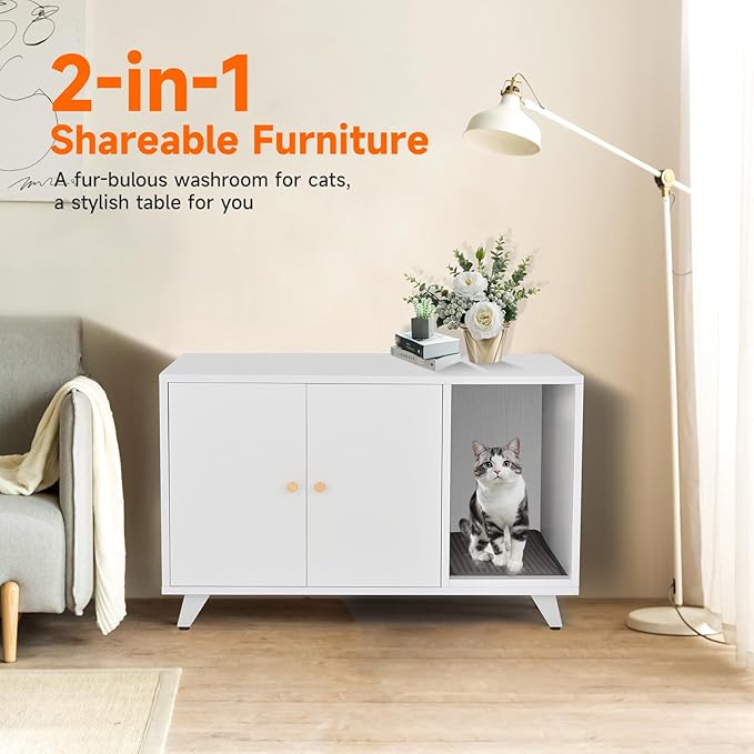Cat Litter Box Enclosure, Hidden Litter Box Furniture Washroom Storage Cabinet, Modern Cat House with Scratche Pad (White)