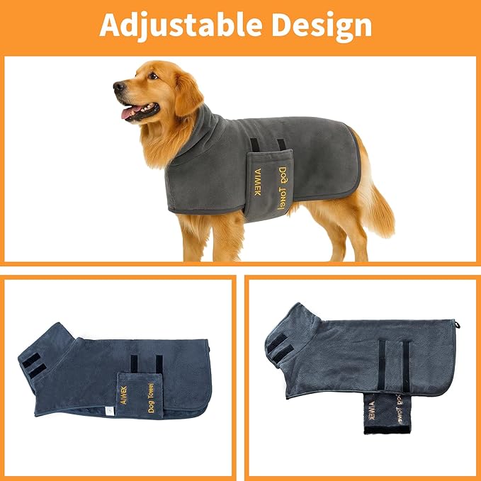 Dog Towel Dog Bathrobe, Microfiber Super Absorbent Pet, Quick Drying Robe for After Bath, Adjustable Collar & Belly Strap Pet Cat Bath Robe Towel Grey-2XL