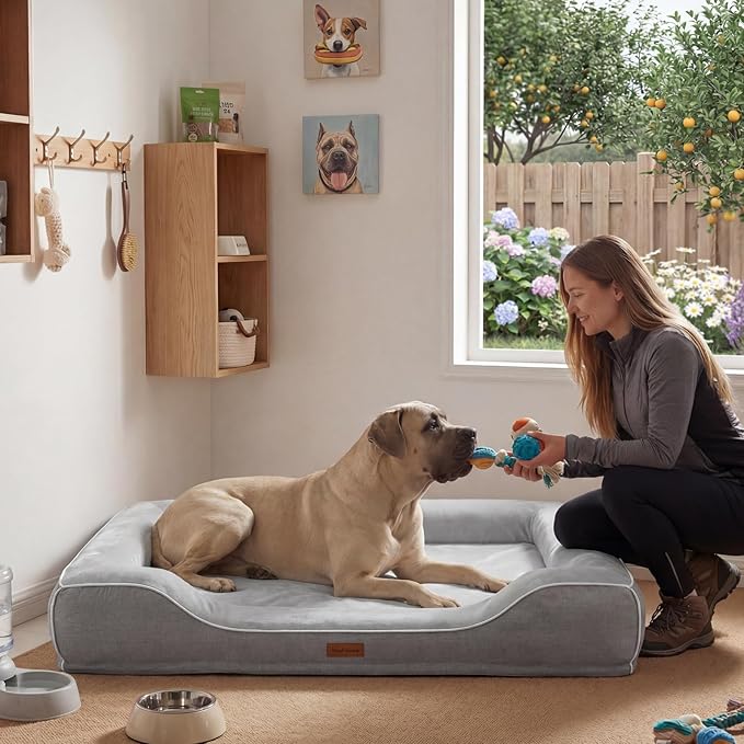 Extra Large Orthopedic Dog Bed with Cooling Gel Memory Foam,Waterproof XXL Dog Couch Bed with Removable Washable Cover,48 inch Pet Sofa with High Resilience Foam Sides for Old Pets,Grey
