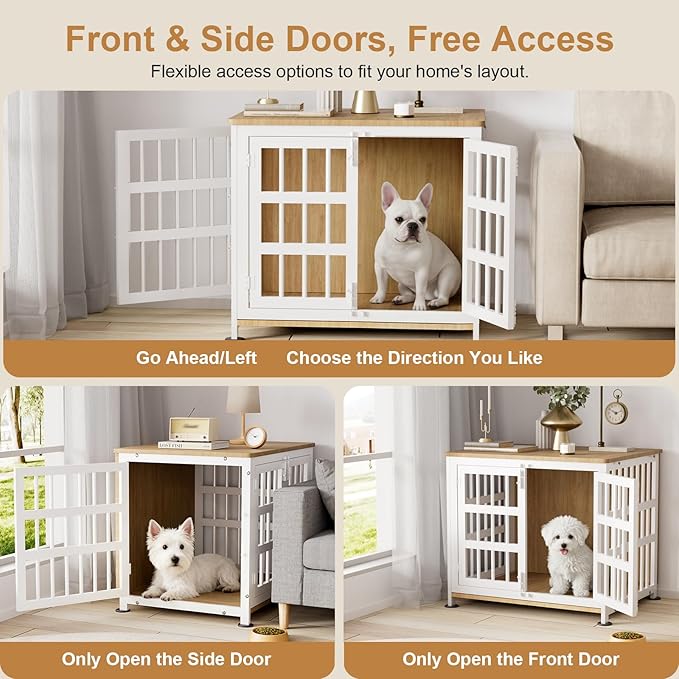 27" Dog Crate Furniture for Small Dogs, Heavy Duty Dog Cage for Small & Medium Dogs with Wheels, Indoor Puppy Crate, 26.6"L x 20.9"W x 23.8"H, Decorate House as TV Stand, End Table — Natural and White