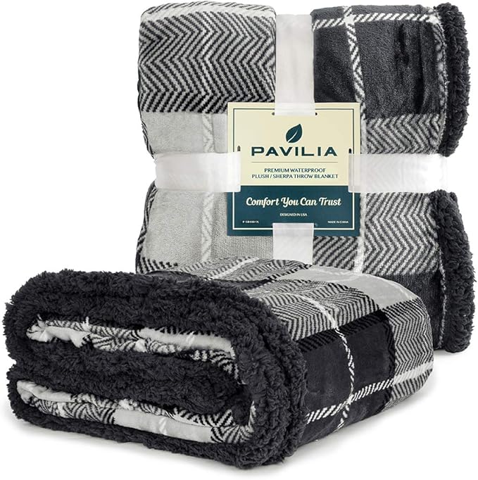 PAVILIA Waterproof Blanket for Couch, Sofa | Waterproof Dog Blanket for Large Dog, Puppy, Cat | Pet Blanket Protector | Plush Soft Warm Fuzzy Sherpa Blanket Bed Throw, Plaid Grey, 60x80