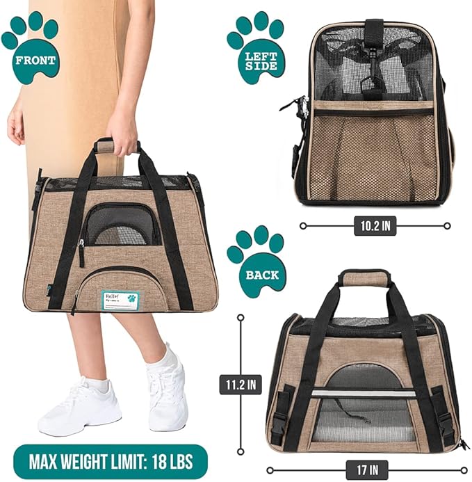 PetAmi Airline Approved Pet Carrier for Cat, Soft Sided Dog Carrier for Small Dog, Cat Travel Supply Accessories Indoor Cat, Ventilated Carrying Bag Medium Large Kitten Puppy, Small Heather Taupe