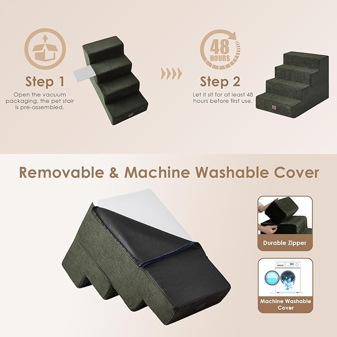 EHEYCIGA Dog Stairs for Bed 20" H, 4-Step Extra Wide Dog Steps for High Bed, Pet Steps for Small Dogs and Cats, Non-Slip Balanced Pet Ramp Indoor, Military Green