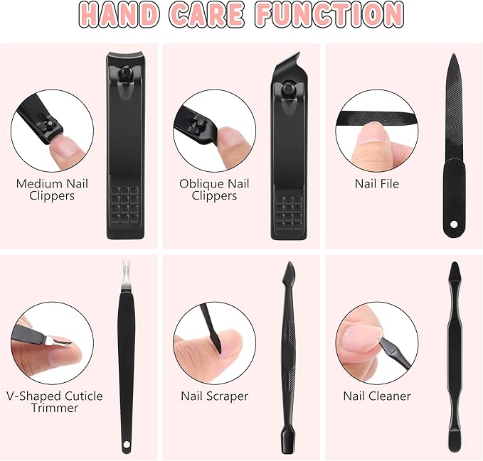 Manicure Set, Jubolion 19pcs Stainless Steel Professional Nail Clippers Pedicure Set with Black Leather Storage Case, Portable Grooming Kit for Travel or Home, Perfect Gifts Women and Men (Black)