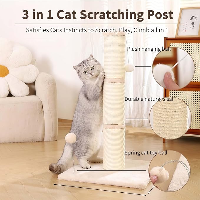 Marchul Cat Scratching Post with Wide-Base, Heavy Duty Thick, Sisal Cat Scratcher Posts 26.7 Inches with Hanging Ball for Kittens Medium Cats and Multiple Cats Households